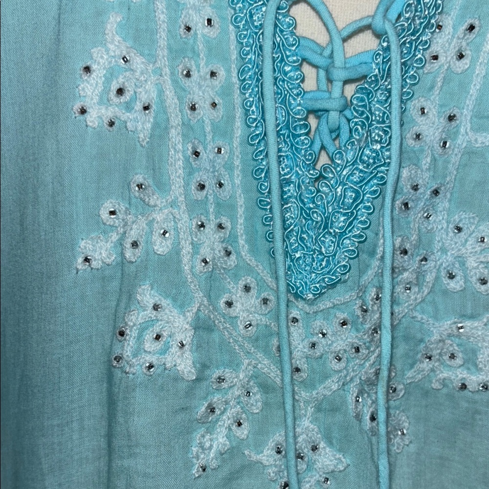 Melissa Odabash Sea Blue Embroidered Beaded Tunic Cover-Up Aqua Boho Luxe - Picture 7 of 11